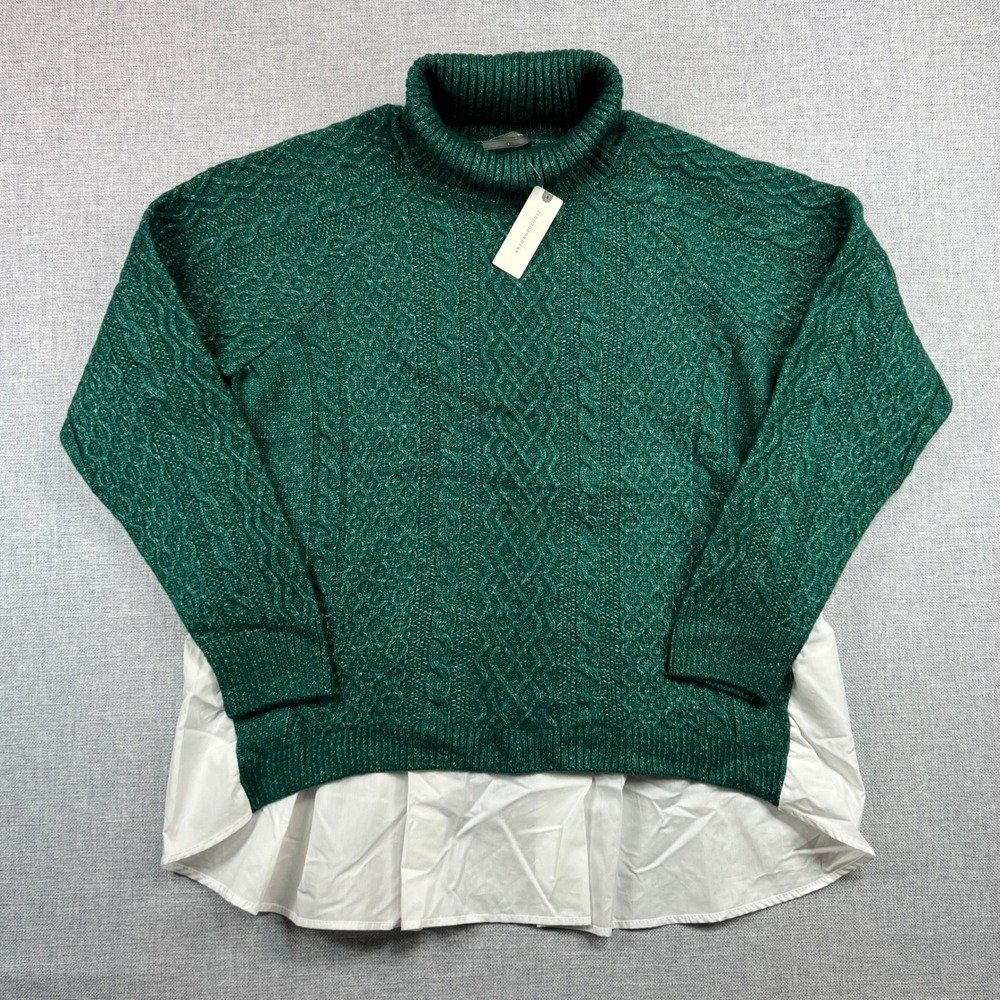 NEW Anthropologie Layered Cable Knit Sweater Womens L Green Turtleneck Shirttail